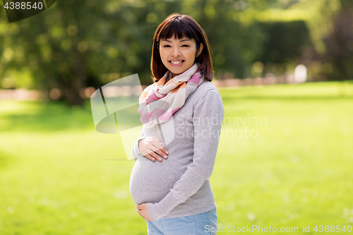 Image of happy pregnant asian woman at park