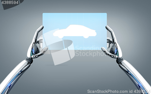 Image of robot hands with concept car on tablet pc screen