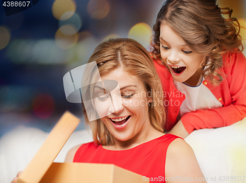 Image of happy mother and daughter with gift box