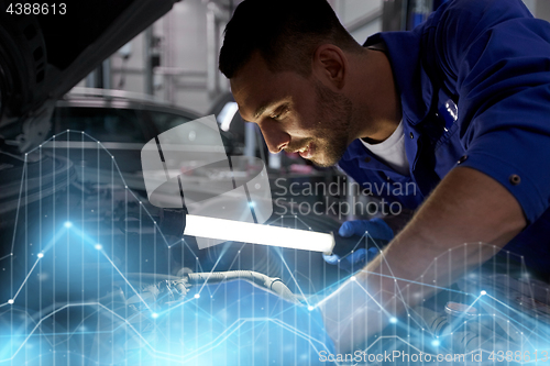 Image of mechanic man with lamp repairing car at workshop