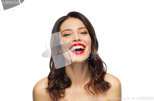 Image of beautiful laughing young woman with red lipstick