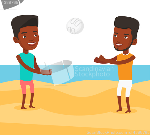 Image of Two men playing beach volleyball.