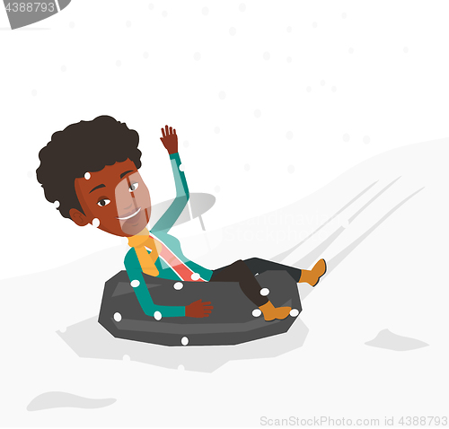 Image of Woman sledding on snow rubber tube in mountains.