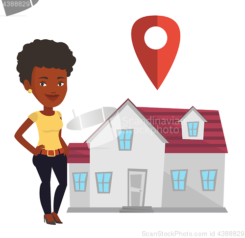 Image of Realtor on background of house with map pointer.