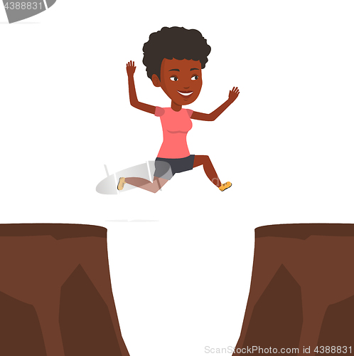 Image of Sportswoman jumping over cliff vector illustration