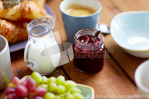 Image of jar with jam on wooden table at breakfast