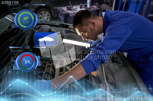 Image of mechanic man with lamp repairing car at workshop