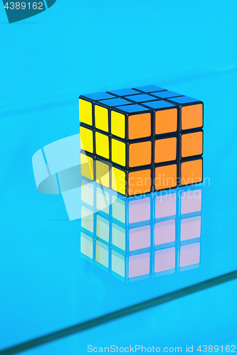 Image of Rubik\'s Cube On The Turquoise Background. Moscow, 2018.