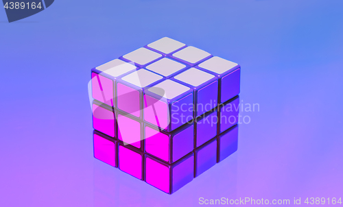 Image of Rubik\'s Cube On A Lilac-blue Background. Moscow, 2018.