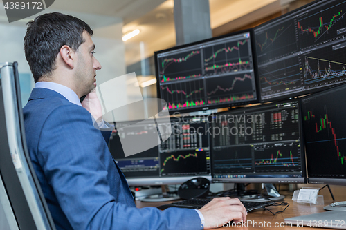 Image of Stock broker trading online watching charts and data analyses on multiple computer screens.