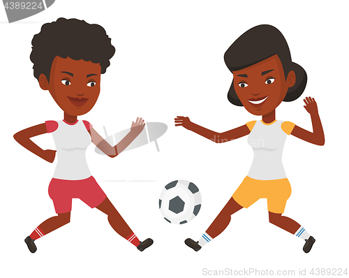 Image of Two female soccer players fighting for ball.