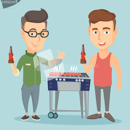 Image of Caucasian friends having fun at barbecue party.