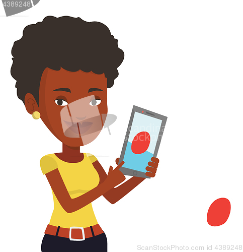 Image of Woman playing action game on smartphone.