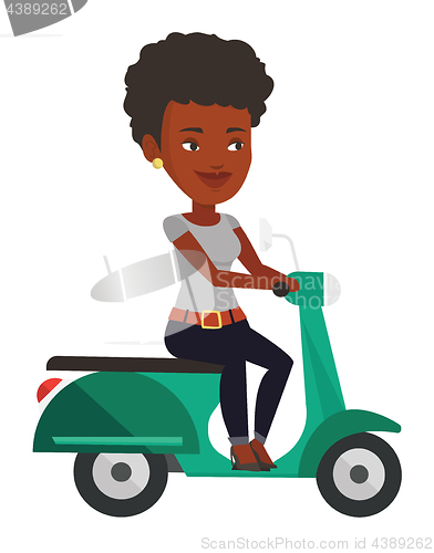 Image of Young african-american woman riding scooter.