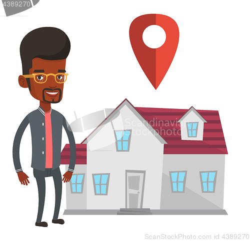 Image of Realtor on background of house with map pointer.