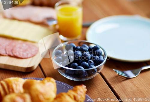 Image of bowl of blueberries on wooden table at breakfast