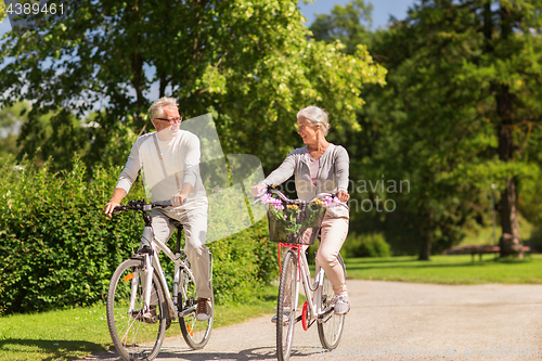 Image of happy senior couple riding bicycles at summer park