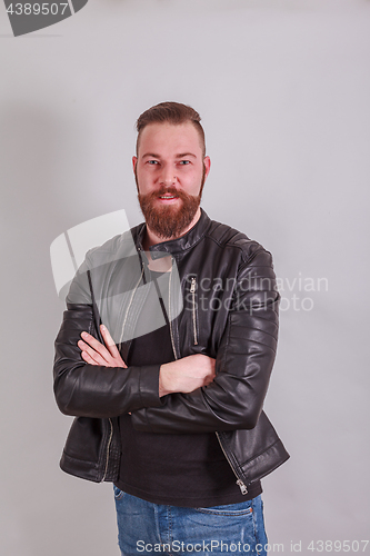 Image of Beard Carrier with leather jacket