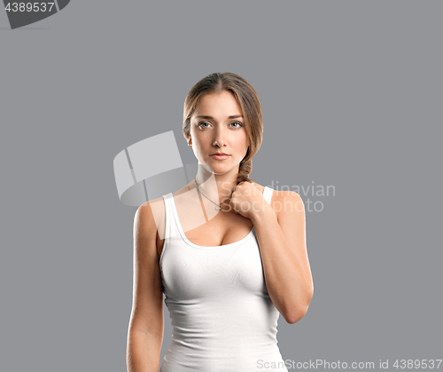 Image of Happy woman in shirt