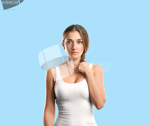 Image of Happy woman in shirt