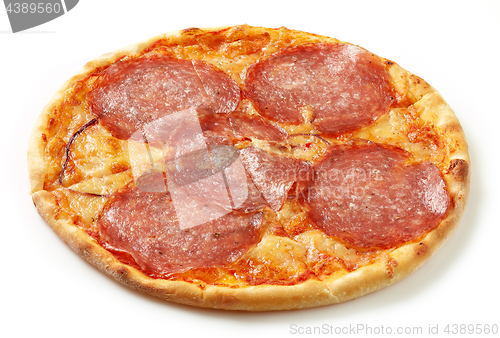 Image of Salami pizza on a white background