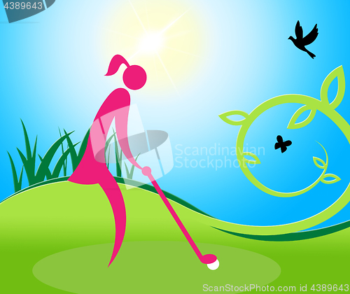 Image of Woman Teeing Off Means Golf Course And Golfer