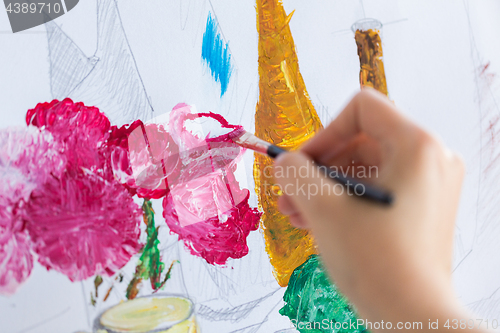 Image of artist with brush painting still life picture