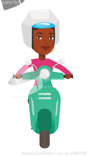 Image of Young african-american woman riding scooter.