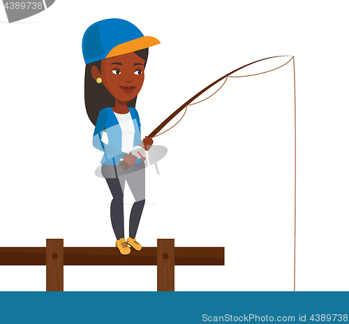 Image of Woman fishing on jetty vector illustration.