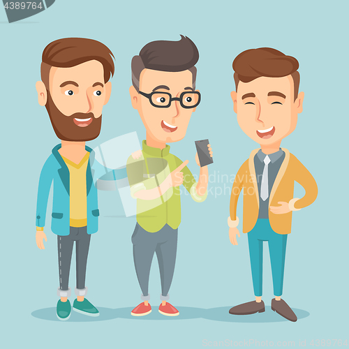 Image of Three smiling friends looking at mobile phone.