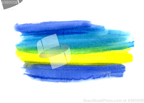 Image of Bright blue and yellow watercolor blot on white background