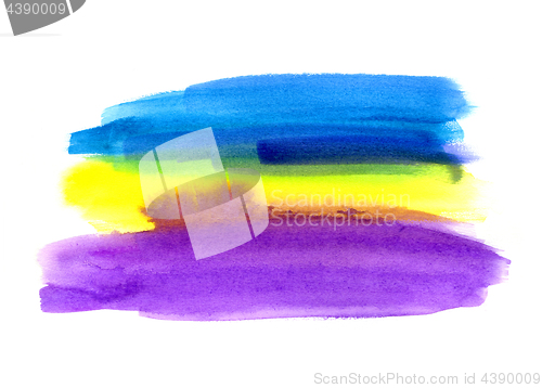 Image of Blue, lilac and yellow watercolor blot on white background