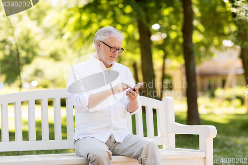 Image of senior man with smartphone at summer park