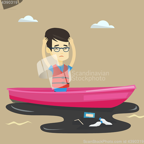 Image of Man floating in a boat in polluted water.