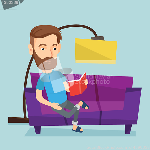 Image of Man reading book on sofa vector illustration.