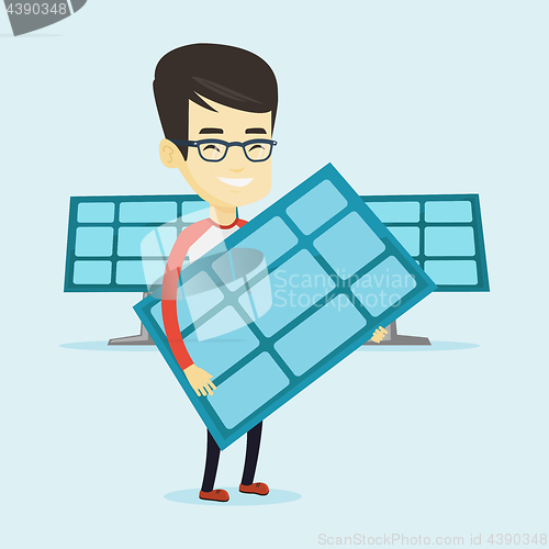 Image of Man holding solar panel vector illustration.