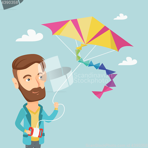 Image of Young man flying kite vector illustration.