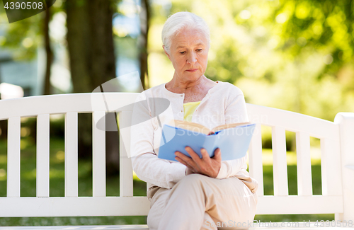 Image of senior woman reading book at summer park