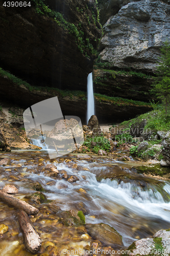 Image of Upper Pericnik waterfall in Slovenian Alps in autumn, Triglav National Park