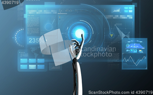 Image of robot hand touching virtual screen over blue