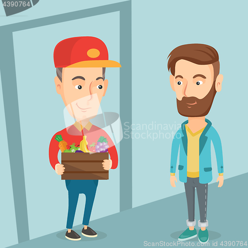 Image of Delivery courier delivering groceries to customer.