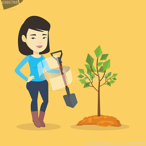 Image of Woman plants tree vector illustration.