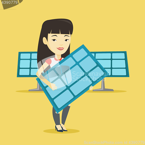 Image of Woman holding solar panel vector illustration.