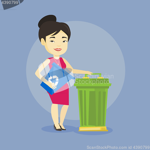 Image of Woman with recycle bin and trash can.