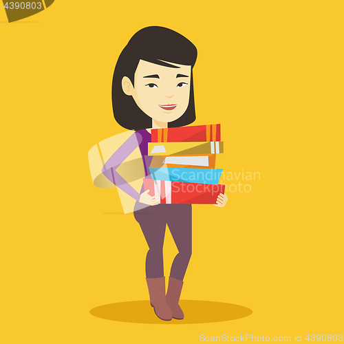 Image of Woman holding pile of books vector illustration.