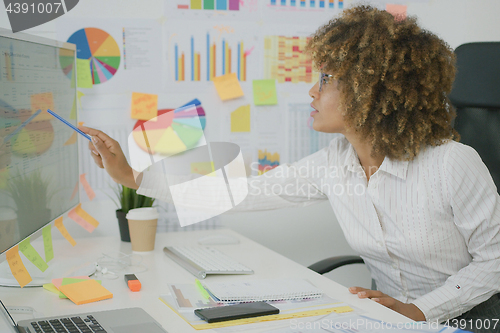 Image of Young businesswoman exploring charts on computer