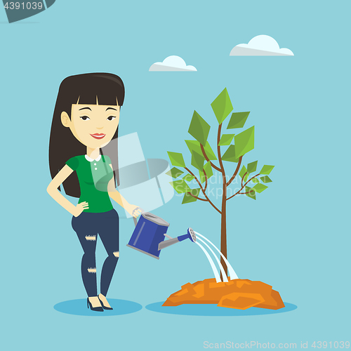 Image of Woman watering tree vector illustration.