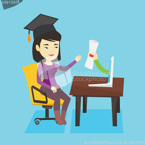 Image of Graduate getting diploma from the computer.