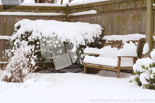 Image of Deep snow on a bench and shrubs in rural garden 
