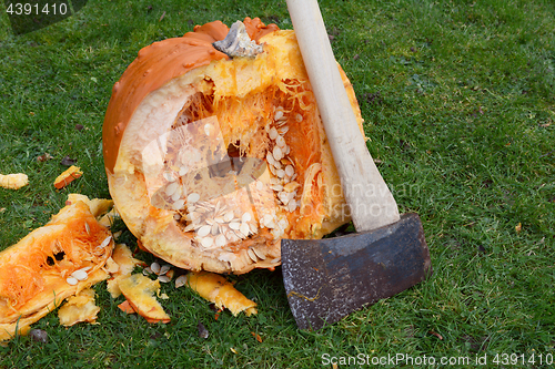 Image of Long-handled axe against a warty orange pumpkin